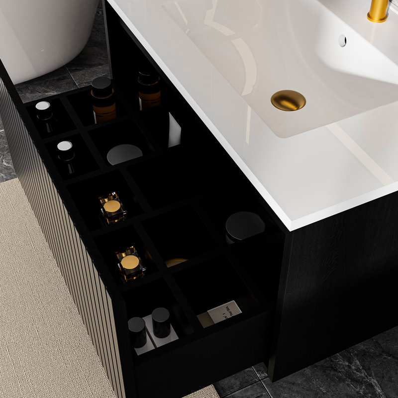 Meuble-lavabo flottant de 30 po, noir, sans lavabo, grand espace de rangement, formaldéhyde bas, meuble-lavabo à installation rapide, conception murale, sans tiroir, assemblage facile, qualité durable