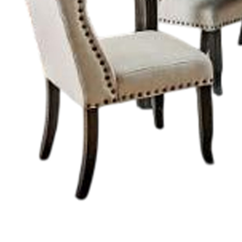 Ensemble de table de salle à manger et de fauteuils à oreilles Bega, lin beige, bois noir, 7