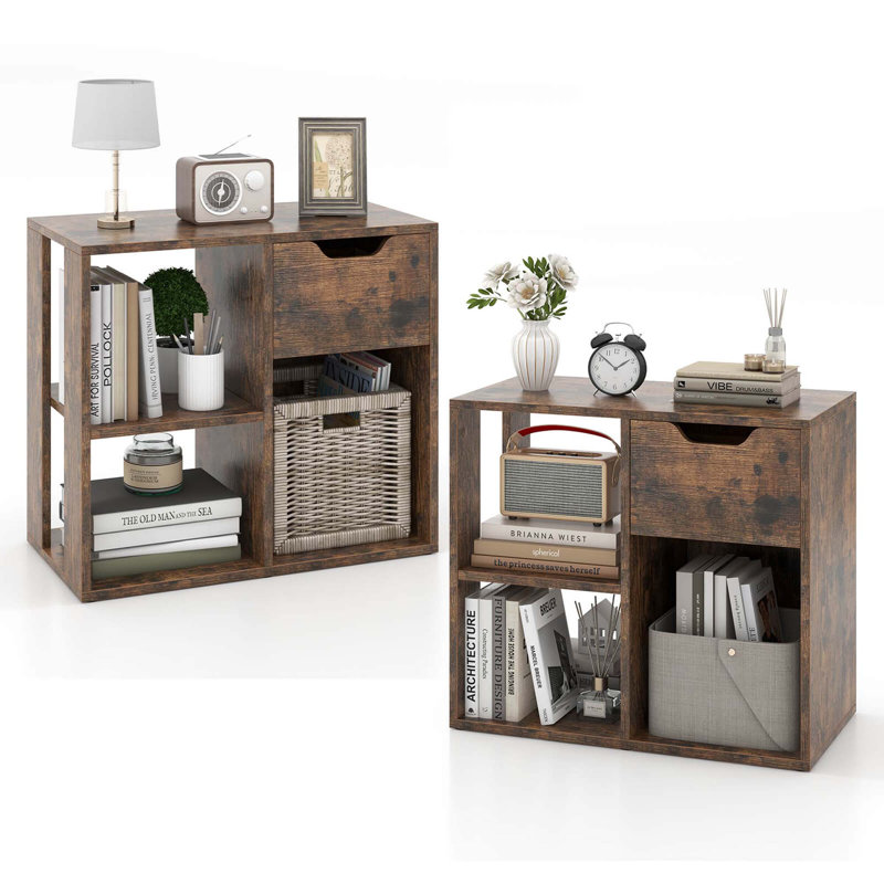  2 Pcs 3-cube Bookshelf 2-tier Open Shelf Bookcase With Drawer Home Storage Organizer