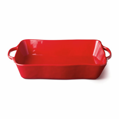Berry Red Large Rectangular Baker — A 16x10.25x3-inch, 150-ounce stoneware baking dish in glossy holiday red with ornate handles, built for oven-to-table grandeur at every holiday feast.