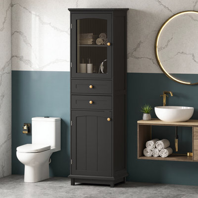 63" Tall Bathroom Storage Cabinet with Glass Doors, Freestanding Linen Tower with 2 Drawers & 4 Adjustable Shelves, White Painted Finish, Gold Handles, 14" Slim Design