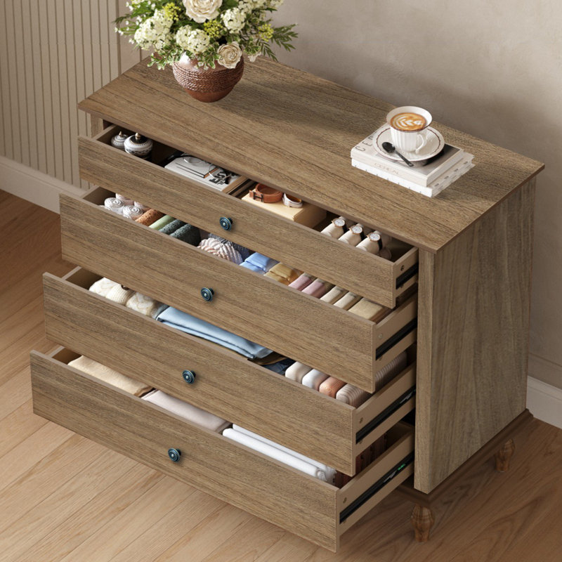 Commode 4 tiroirs avec pied en bois massif, Marron clair