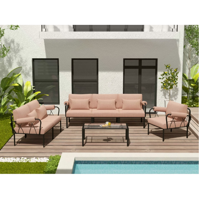 Ensemble de patio en tissu rose et noir Rajni (1 canapé, 1 causeuse, 1 chaise)