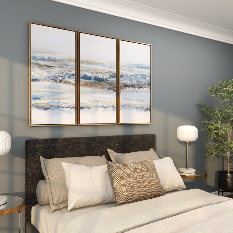 Toile paysage bleu encadré avec cadre doré