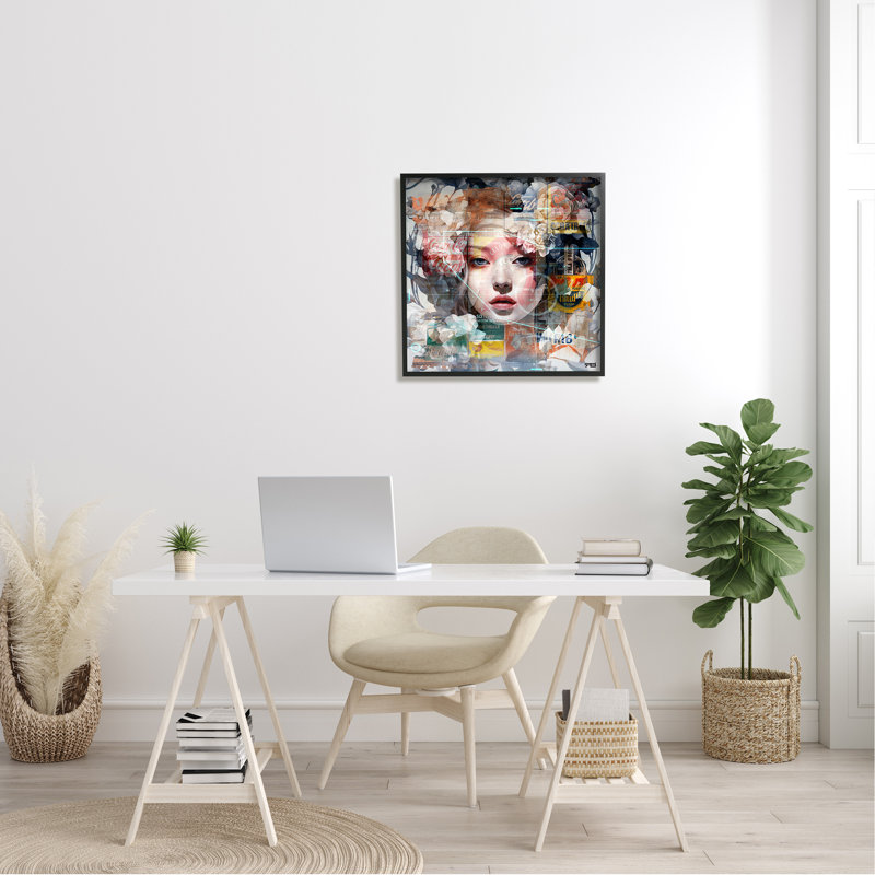 Bb-473-«Abstract Floral Girl Collage» encadré sur bois par RB Print, Giclée encadrée noir minuit