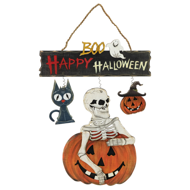 Décoration suspendue squelette 14,5 "avec citrouilles-lanternes et chat noir" Happy Halloween "