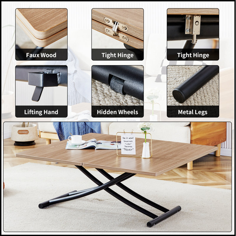 Table élévatrice multifonctionnelle avec plateau en grain de bois pliable - hauteur réglable, pieds en métal noir, habillage / café / salle à manger / bureau