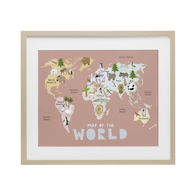 «Kid's Map of World», reproduction encadrée sous verre rose par Carla Daly, H 17 po x l 21 po, Cadre de récolte en pin