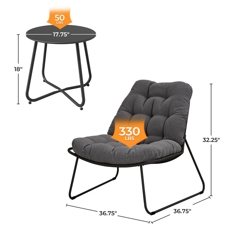 3-Piece Patio Scoop Lounge Chair Set With Side Table & Cushions, Gray, Black