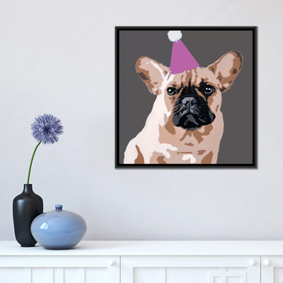 «Milo On Dark Grey with A Pink Party Hat» par Julie Ahmad, impression sur toile tendue