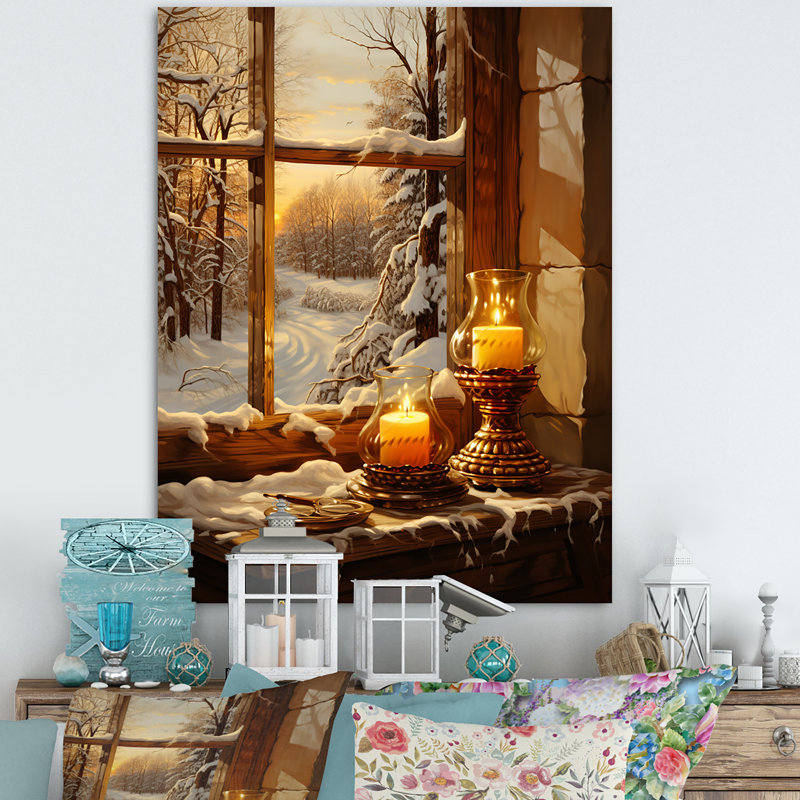 «Christmas Winter Window View II - Winter Landscape», art mural, Toile tendue, H 32 po x l 16 po