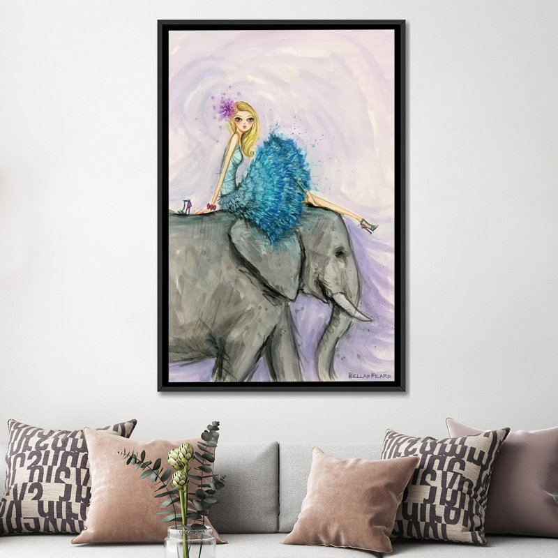 « jungle serie de salon : éléphant ellie », peinture sur toile tendue, Toile avec cadre noir, Pas de tapis