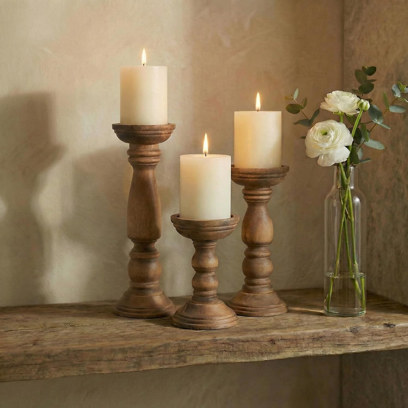 Ensemble de 3 bougeoirs en bois Farmhouse