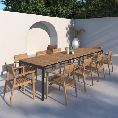 Carliegh 11 Piece Lunar Rectangular Extedable Dining Set | 100% FSC Certified Teak Wood | Ideal Furniture Set For Outdoors