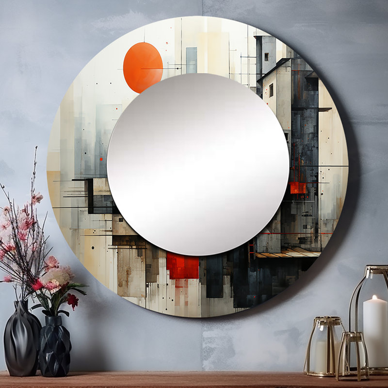 Pelia Abstract Architectures II - miroir mural unique à collage abstrait, miroir rond rouge, 23 po x 23 po