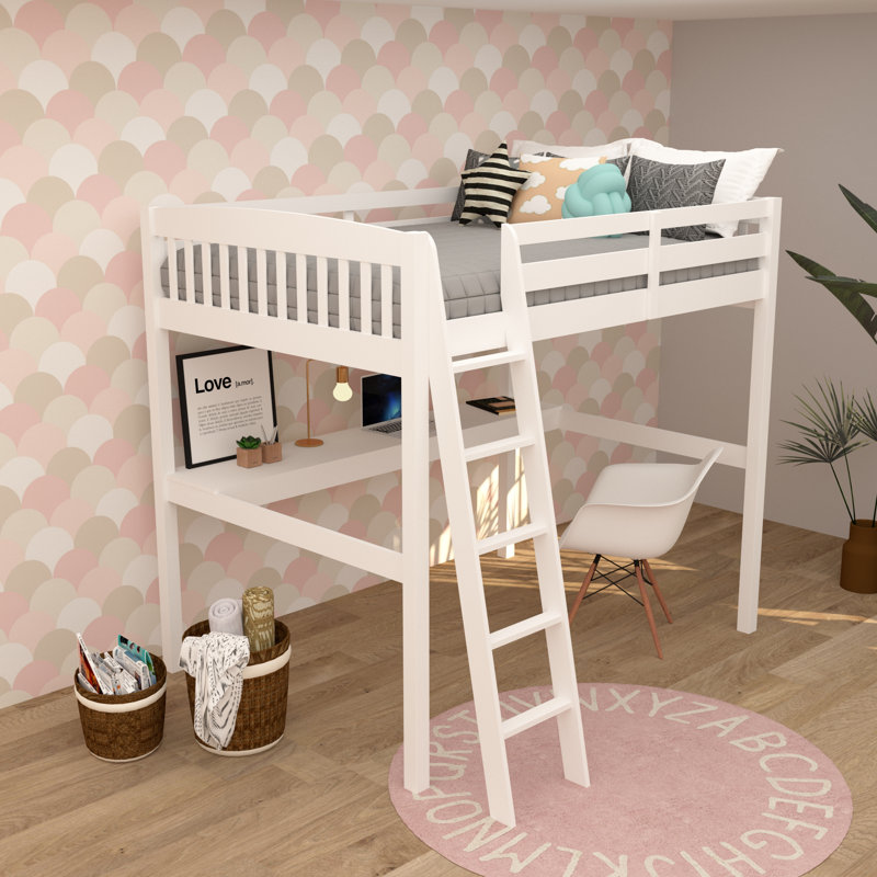 Daylin High Loft Bed with Desk and Storage, Solid Wood Loft Bed Frame with Stairs for Kids and Toddlers, White, Full