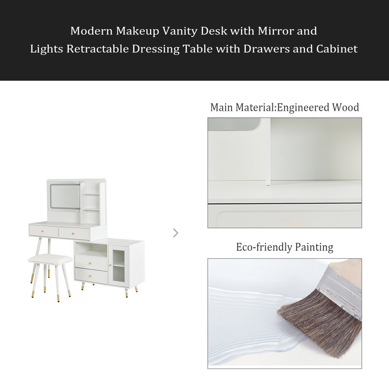 Bureau de coiffeuse moderne avec miroir et lumières, coiffeuse rétractable avec tiroirs et armoire, ensemble de table de maquillage compact avec prise de courant pour chambre à coucher