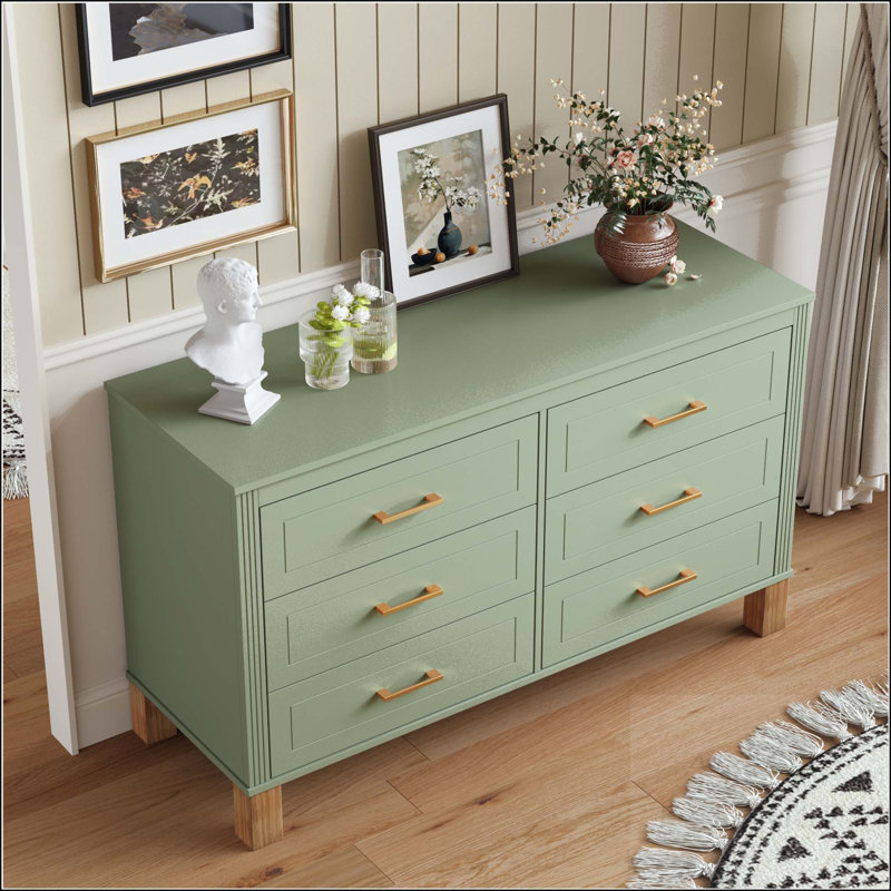 Commode double 6 tiroirs - Mid-Century moderne avec pieds en bois massif, Sage Green