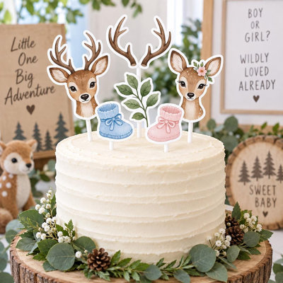 Buck or Doe Cake Topper Set, Gender Reveal Party Decor, 6 Cardstock Cake Toppers