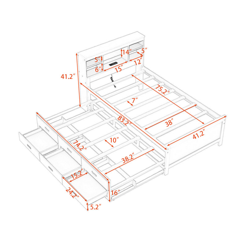 Lit plateforme en bois Meydan avec 3 tiroirs et lit gigogne simple USB, Simple, Blanc