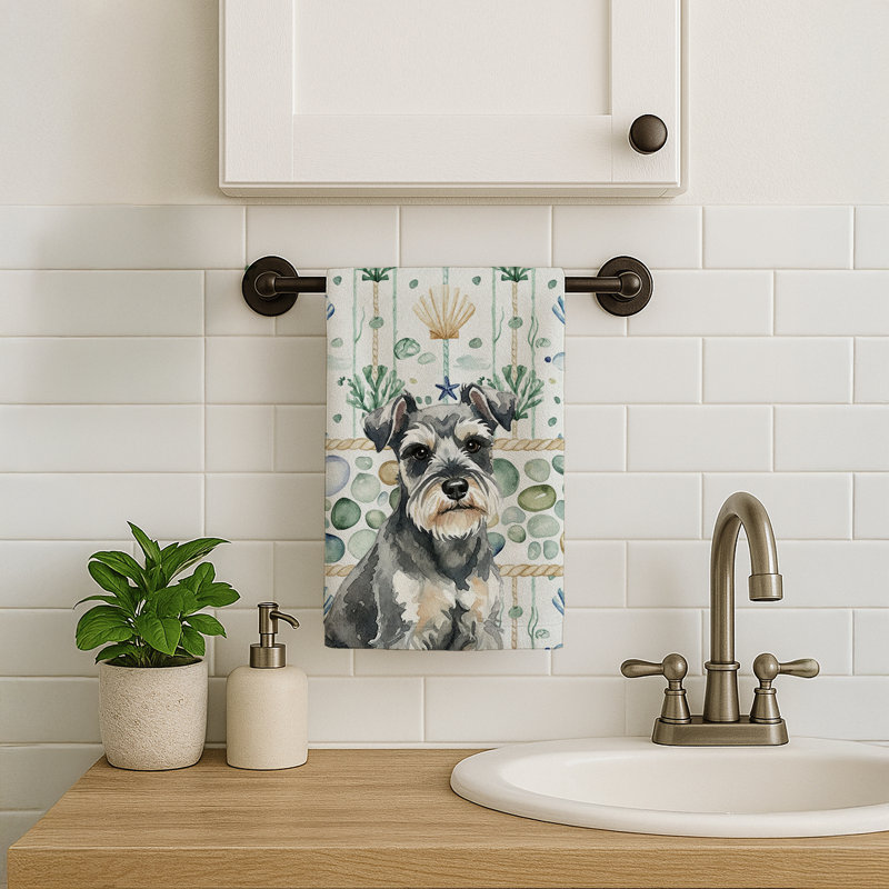 Miniature Schnauzer Coastal Sea Glass Kitchen Towel, Miniature Schnauzer