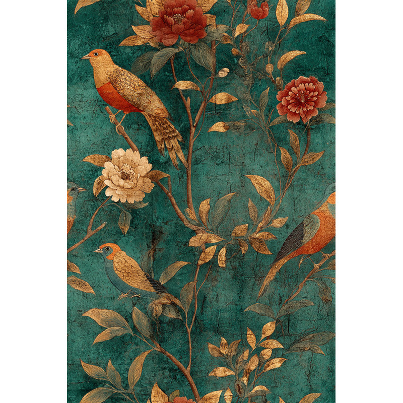 Papier peint à motif floral rétro avec oiseaux