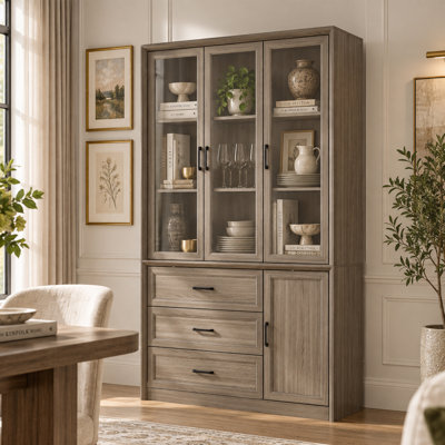 Vitrine et meuble de rangement de 79,6 po de hauteur avec 3 tiroirs et portes vitrées