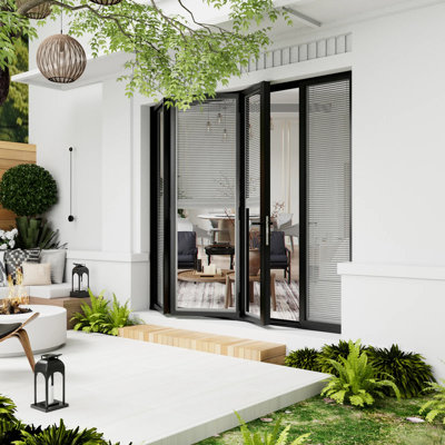 120"W x 80"H Left Outswing Black Double Tempered Glass Aluminum Folding Patio Door With louver 3+1
