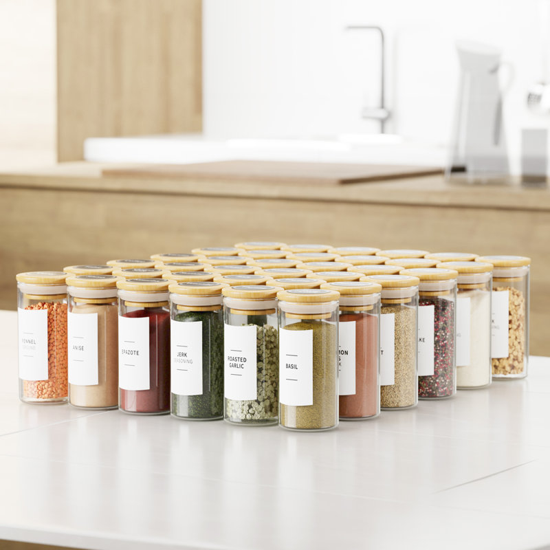 36 Pack 4oz Empty Glass Spice Jars with Bamboo Lids & Labels, Minimalist Farmhouse Stickers & Funnel, Seasoning Containers for Spice Rack, Cabinet & Drawer