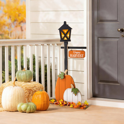 36"H Fall Lighted Wooden Pumpkin Lamp Post Porch Decor w/Timer（KD)