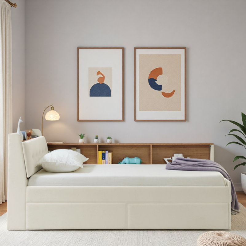 Multi-functional Daybed With Storage Headboard, Wireless Charging, 2 Storage Drawers And Led Lights, Beige