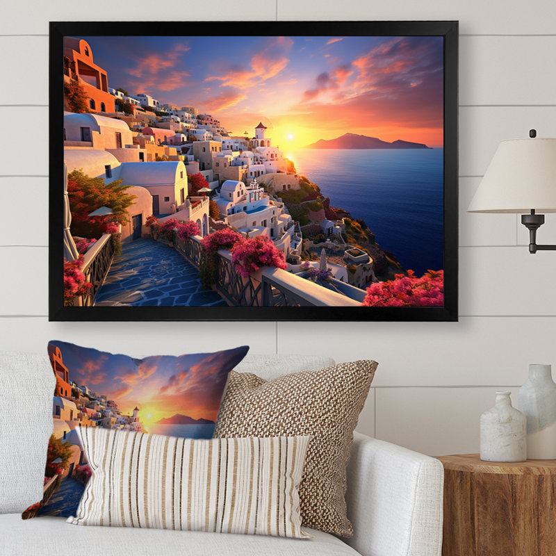 Grèce Oia Splendor III - décoration murale paysages urbains, H 16 po x l 32 po x P 1 po, Cadre photo noir