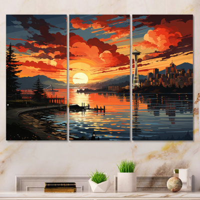 Popart sur toile orange et jaune de la ville de Seattle, reproduction de 3 pièces