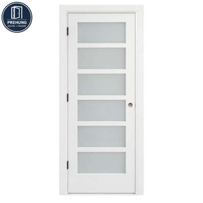 6-Big Lite Solid Core Wood White Primed Frosted Glass Prehung Interior Door with Jambs and Hinges