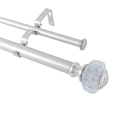 1 Inch Modern Silver Double Curtain Rod for Windows - Tension curtain rods 48 to 84 Inchs  with Octagonal Crystal Finial -Home Double Window Rods for Living Room & Bedroom