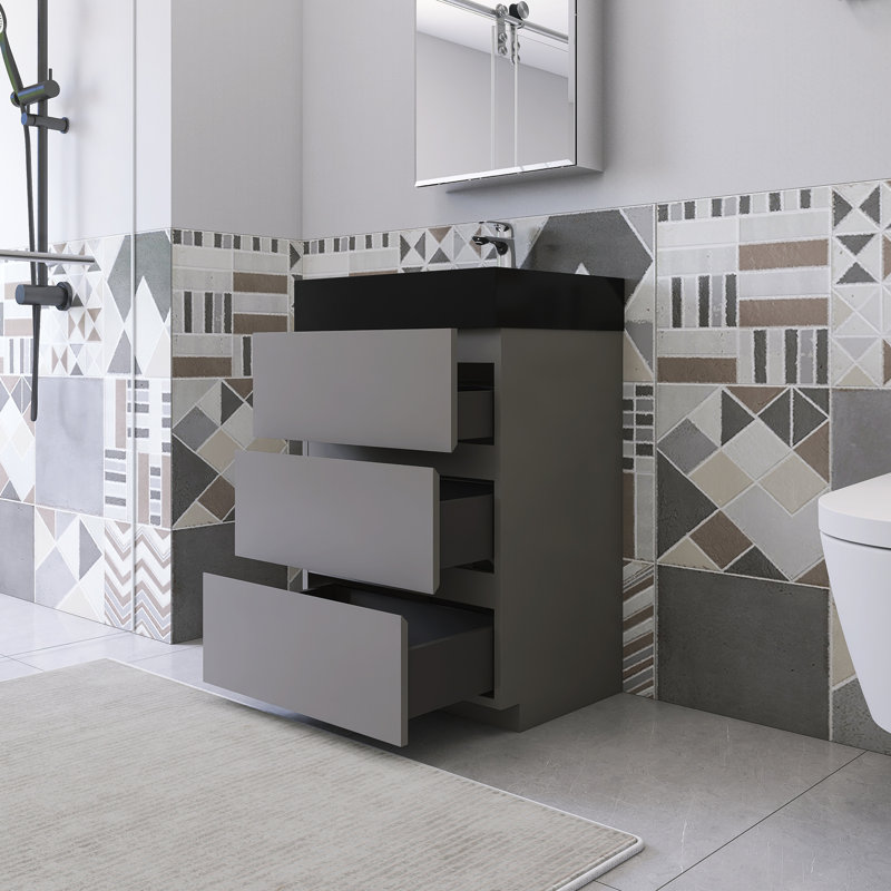 Meuble-lavabo simple 24 po avec surface solide Saunder, Noir mat, Gris