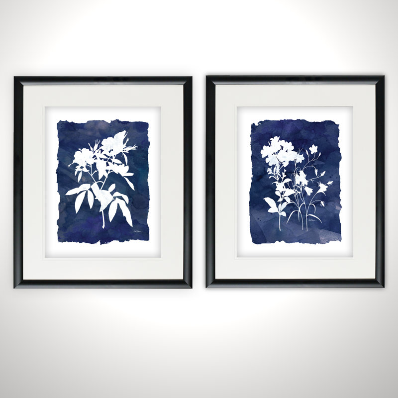 Indigo Botanical - ensemble de 2 cadres photo sur papier, Cadre noir, H 20 po x l 32 po