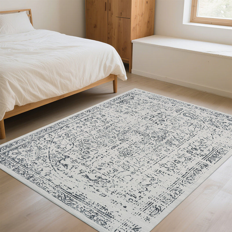 9x12 Washable Area Rugs for Living Room Vintage Distressed Carpet Stain Resistant Non-Slip Pet Child Friendly Retro Floral Accent Throw Rug for Office Bedroom Nursery, Grey