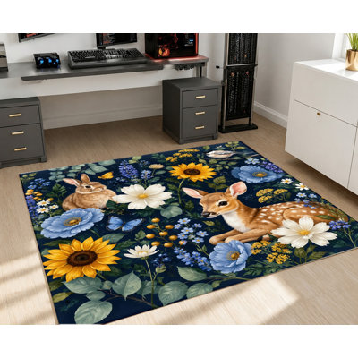 Tapis d'intérieur fantaisie à motif floral cerf et lapin, bleu foncé, inspiré d'une prairie botanique, antidérapant et lavable à la machine, idéal pour le salon, la chambre, la chambre d'étudiant ou la décoration d'appartement.