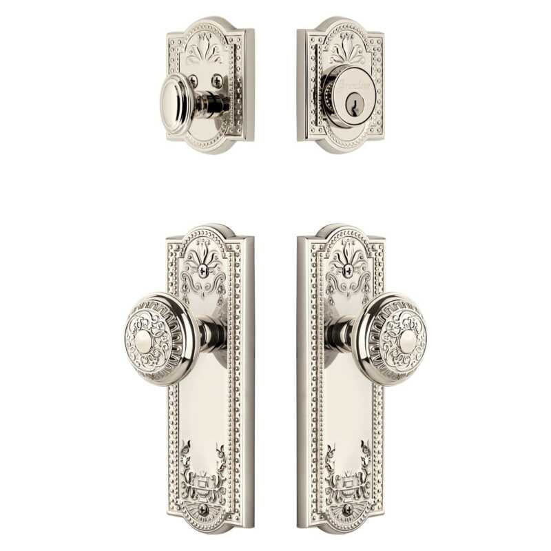 Ensemble de grandes plaques d'entrée Grandhen Parthenon avec bouton Windsor en nickel poli, 2.75", Nickel poli