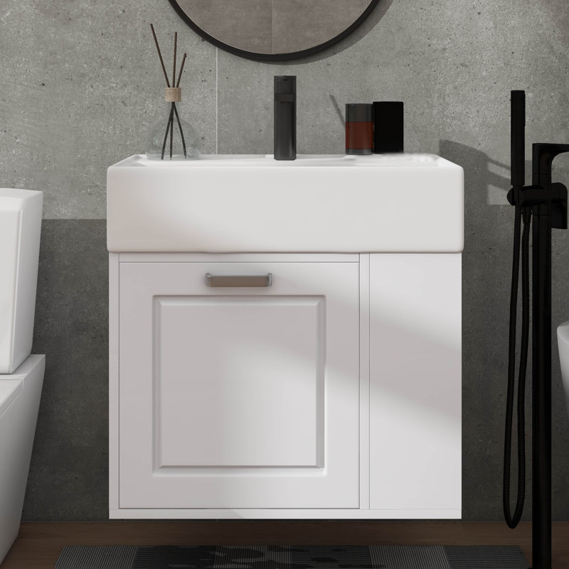 Meuble-lavabo de 21,8 po avec lavabo, armoire flottante murale, grand tiroir et tablette réglable, Blanc