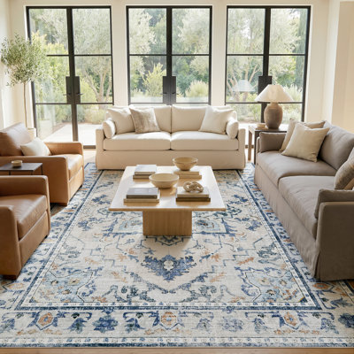 Tapis rectangulaire en polyester lavable à motif de tapis tribal rétro et classique pour salon de chambre à coucher, bleu, 6 pi x 9 pi