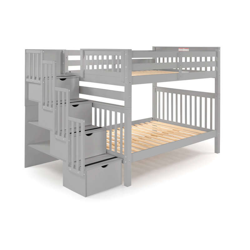 Tena Solid Wood Standard Stairway Bunk Beds Full over Full, 4 Drawers in the Steps, Gray, Full over Full, Gray