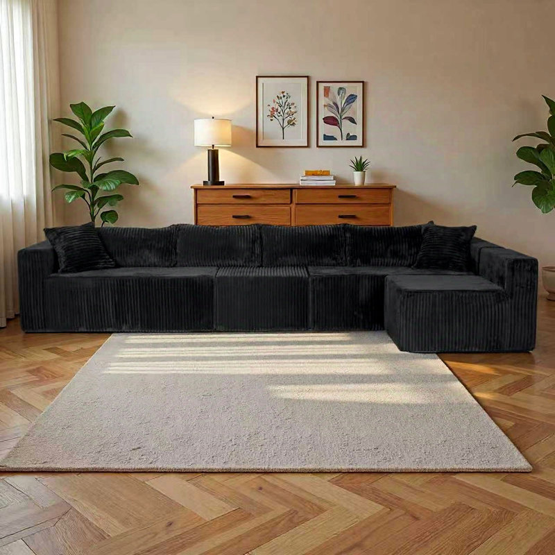 Boneless 128" U-Shaped Modular Sofa, Black Corduroy, No
