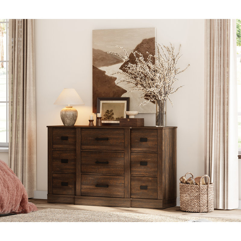 Laziza 52.5" Wide Modern Farmhouse Wooden Dresser With 9 Drawers For Kids, Brown