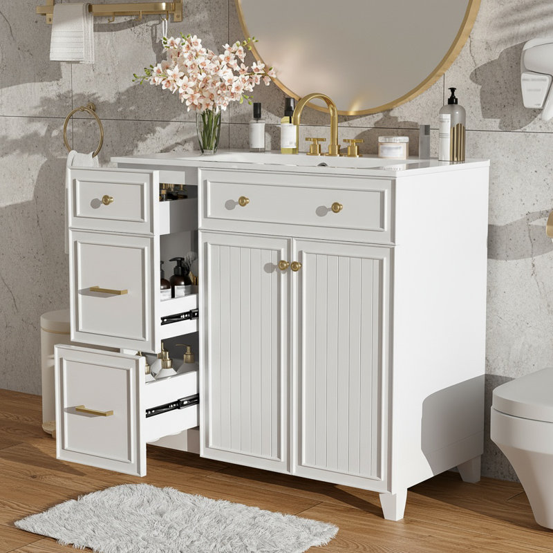Rangement de salle de bain autoportant 36 po avec lavabo en céramique, portes et tiroirs à fermeture en douceur, tablettes réglables pour les petites et moyennes salles de bain