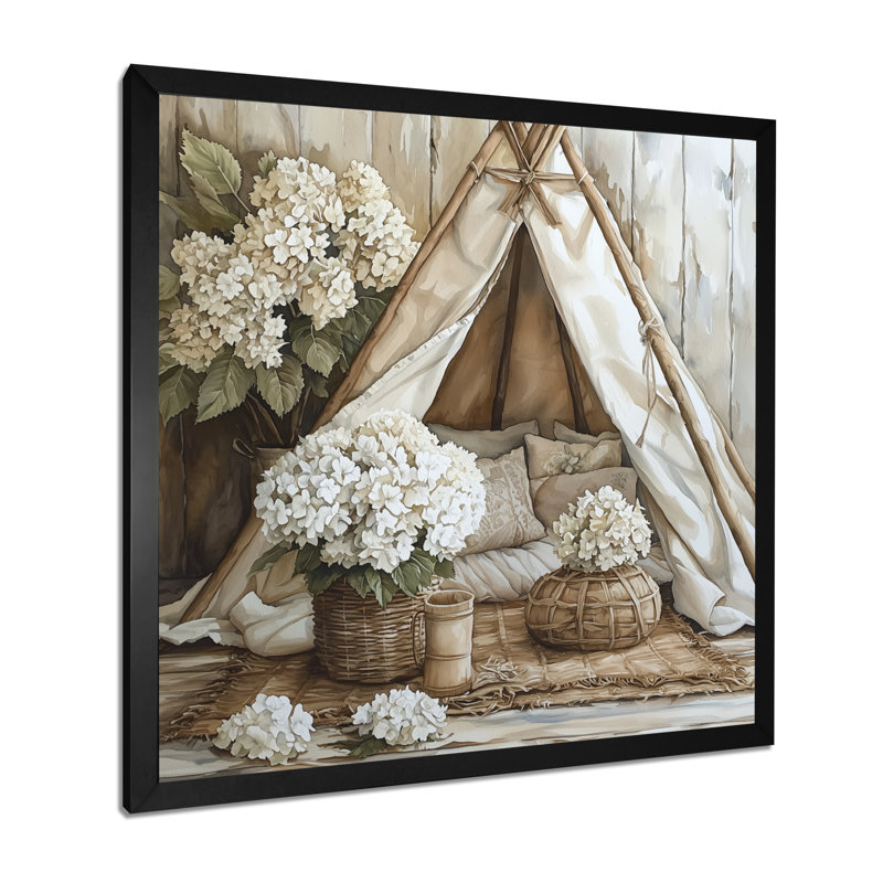 Boho Hydrangeas In A Boho Tent I - Hydrangea Wall Art, Reproduction encadrée d'une seule photo, Noir, H 16 po x l 16 po