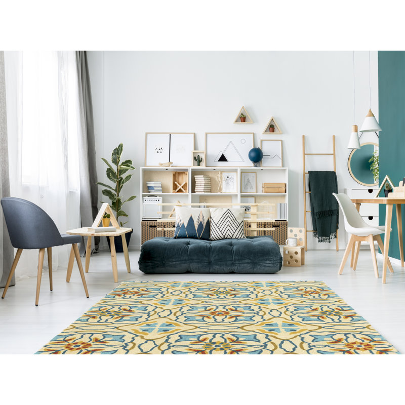 Tapis fabriqué à la main Equelle ivoire et bleu, Rectangle 5 pi x 7 pi