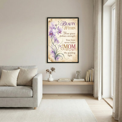Ensemble de 1 tableau sur toile tendue « Orchidée violette » avec citation sur la beauté intérieure de maman