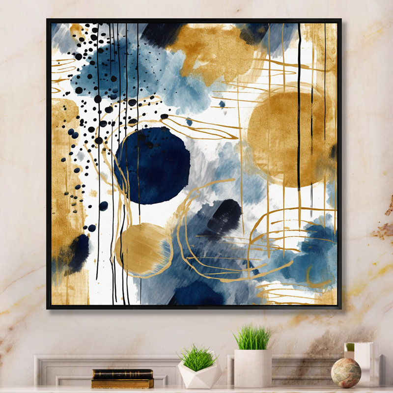 Motif abstrait avec textures bleues et dorées V, reproduction sur toile, Cadre flottant noir, H 36 po x l 36 po x P 1,5 po